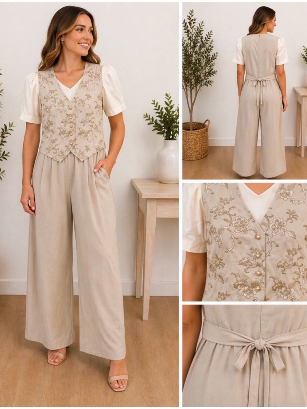 Vintage Neutral Embroidered vest Jumpsuit  Size 16 Wide Leg Cottagecore Elegant